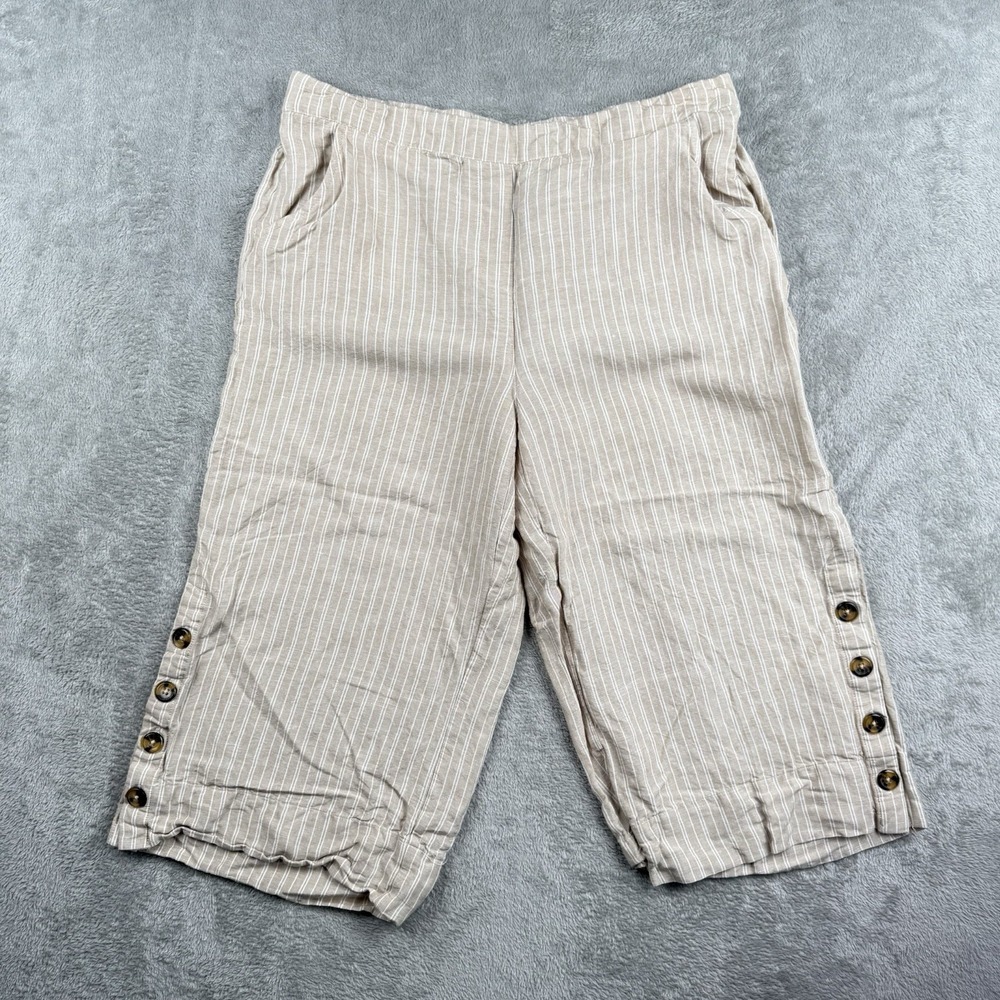 Zac & Rachel Wide Leg Linen Blend Crop Pants Womens L Beige Striped Button Beach